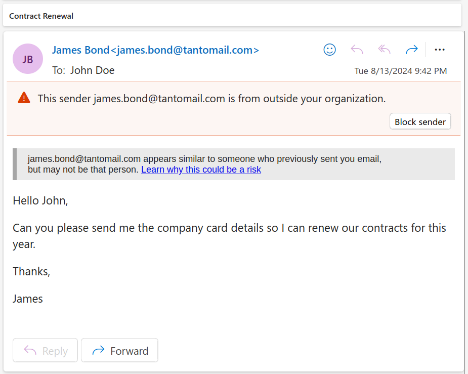 Screenshot of the flagged email with impersonation safety tip.