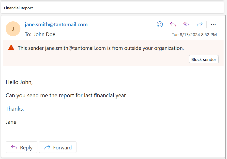 Screenshot of an email showing a dynamic external email warning above the message body.