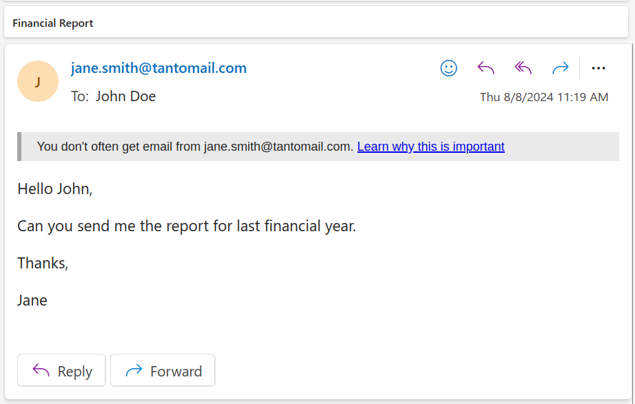Screenshot of an email showing a first contact safety tip prepended to the message body.