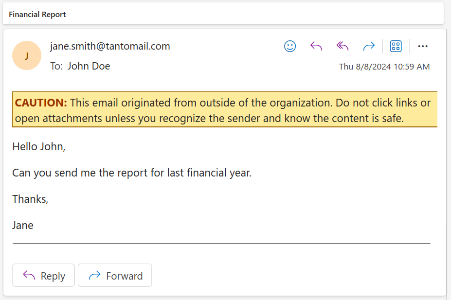 Screenshot of an email showing an external tag prepended to the message body using mail flow rules.