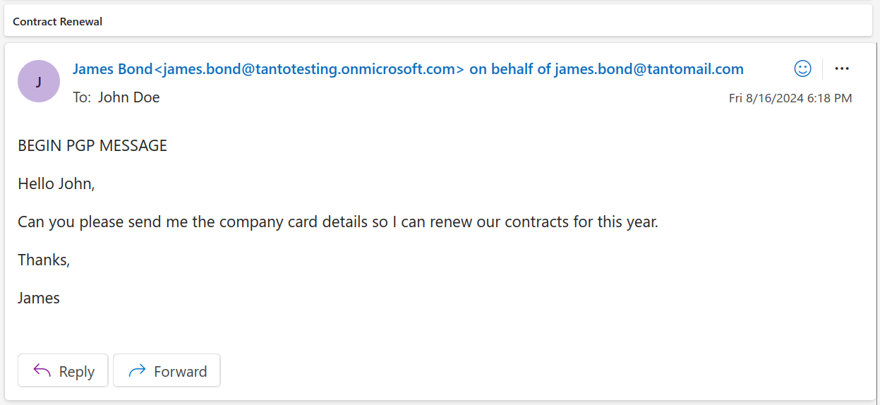 Screenshot of email with PGP header bypassing safety tip insertion.