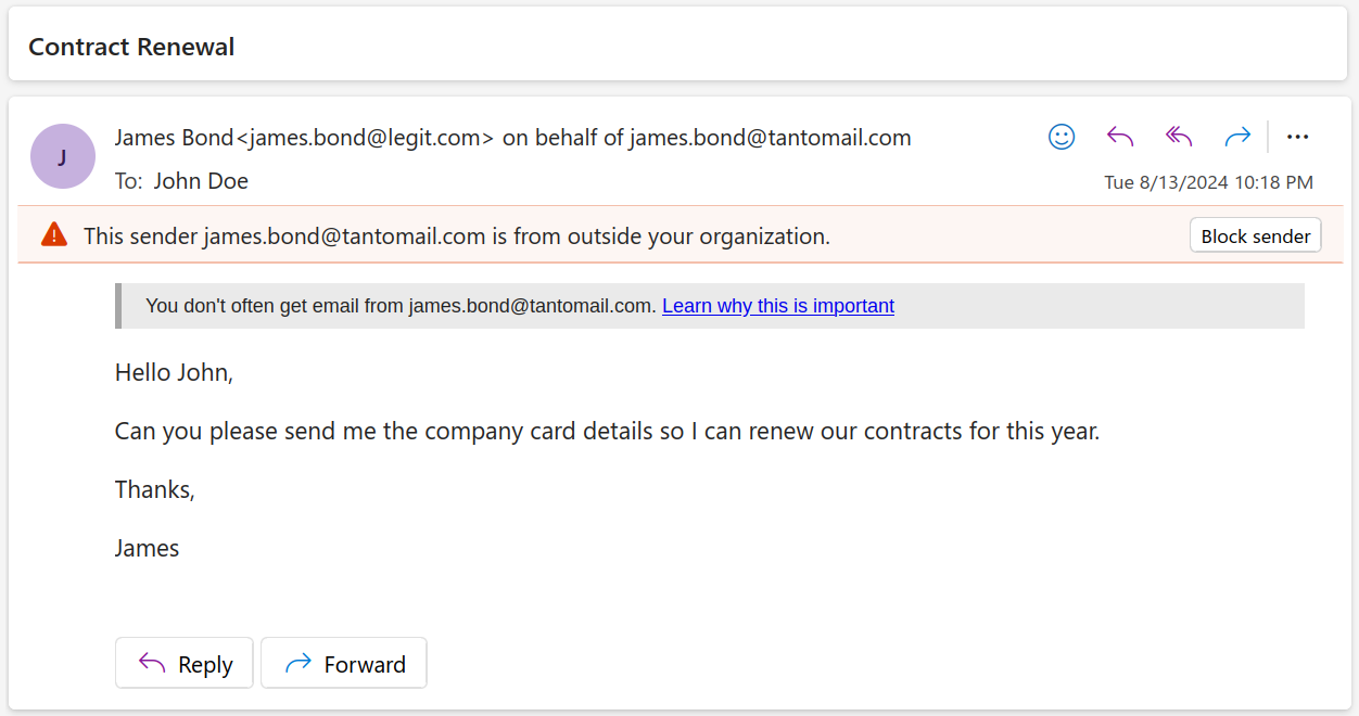 Screenshot of email with sender header containing arbitrary domain and display name.