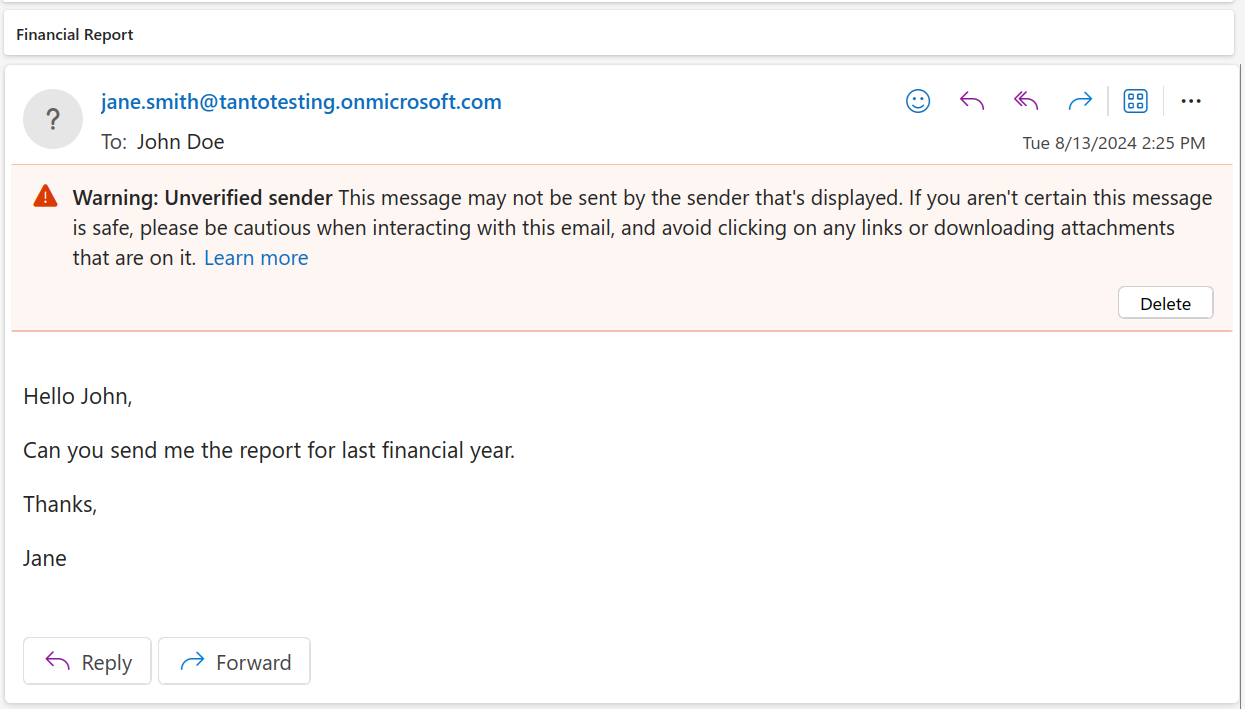 Screenshot of an email showing an unverified sender warning above the message body.