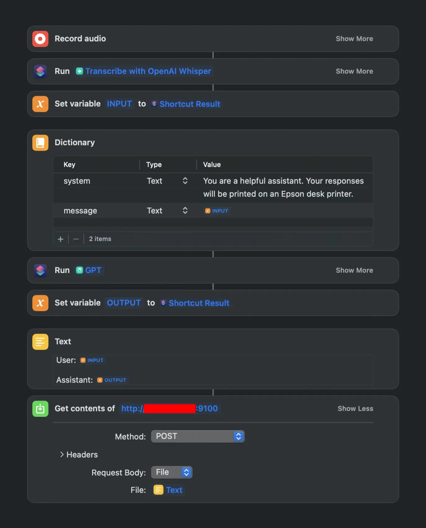 An Apple Shortcut that records audio, transcribes it with OpenAI Whisper, sends it to GPT with the system prompt “You are a helpful assistant. Your responses will be printed on an Epson desk printer.”, and posts the conversation to the printer’s port 9100 (its address redacted)
