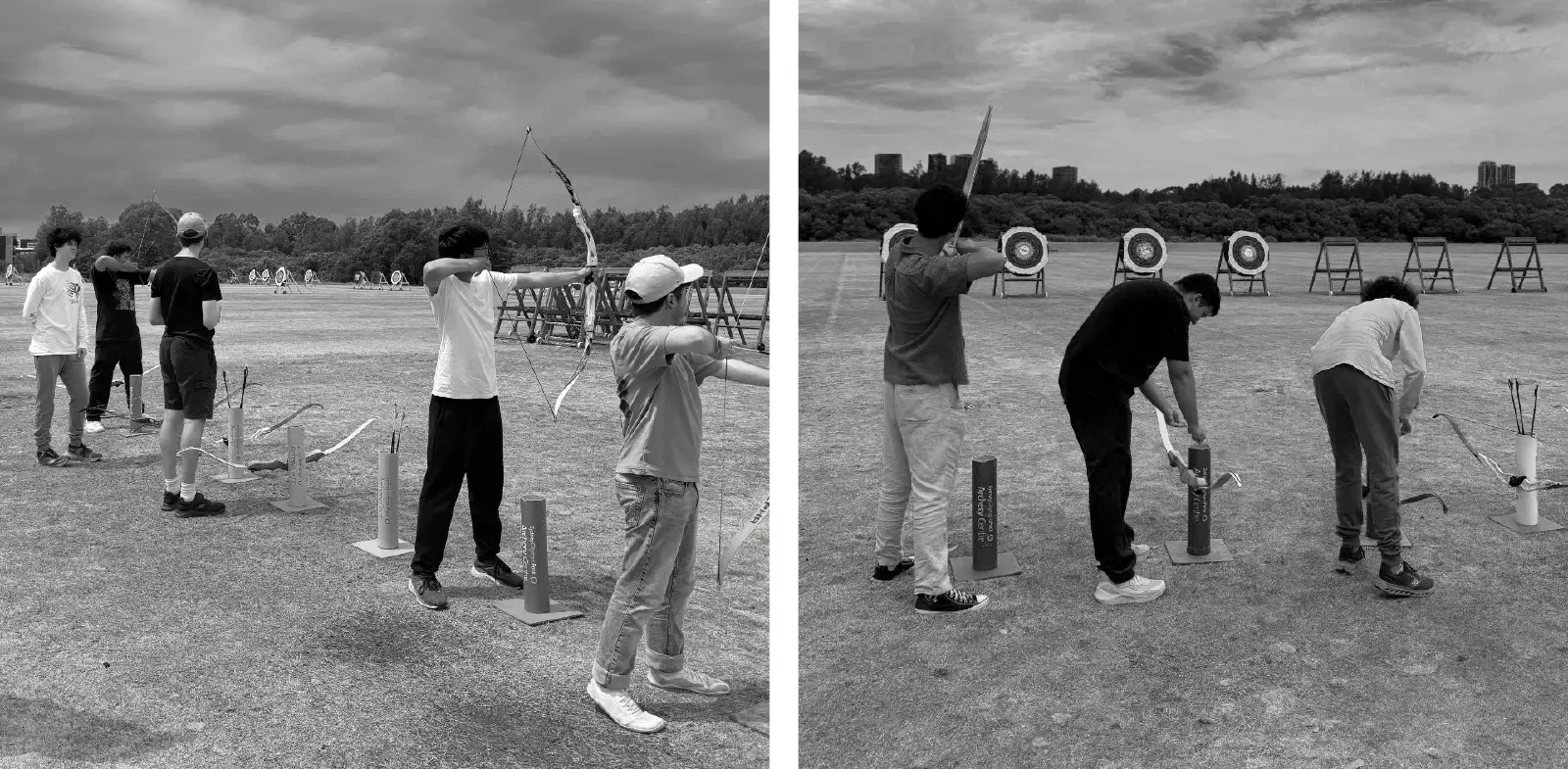 Two photos of the Sydney team at an archery range: drawing bows at the shooting line, and setting their bows down, with targets beyond