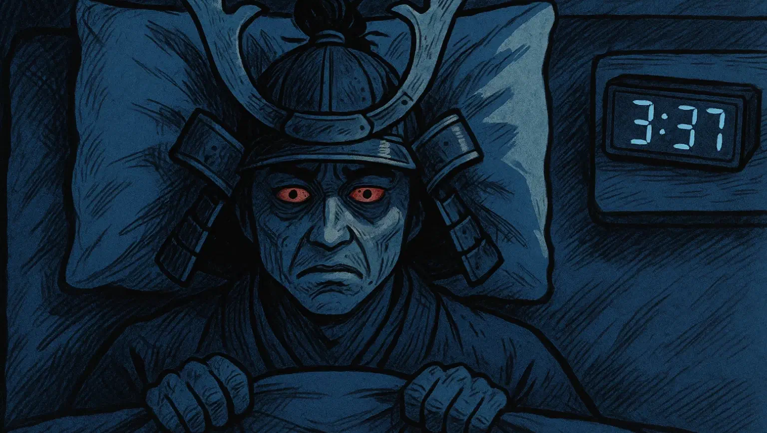 An ashen-faced warrior lying in a bed. They have bloodshot eyes. A nearby clock shows the time 3:37