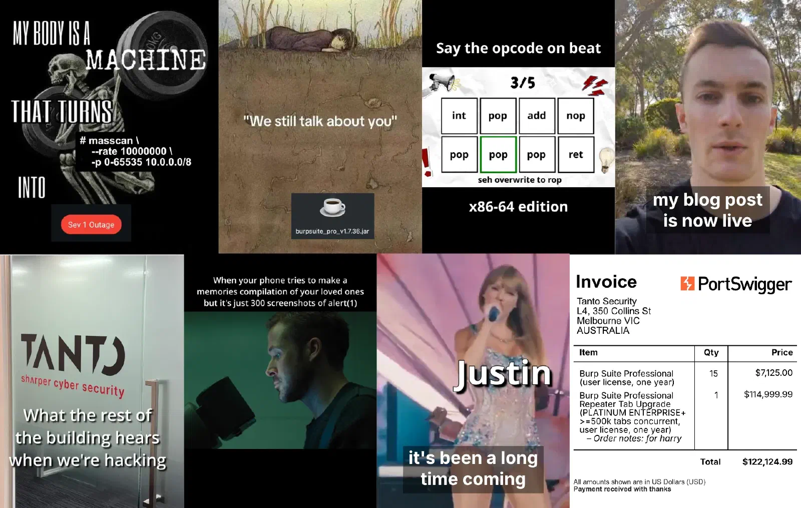 A collage of eight TantoSec Instagram posts, among them memes captioned âMy body is a machine that turns # masscan ⌠into Sev 1 Outageâ and âSay the opcode on beatâ, and a PortSwigger invoice for a Burp Suite Repeater tab upgrade