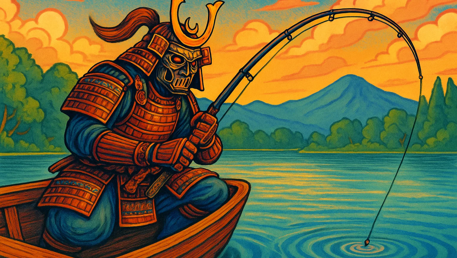 A masked warrior fishes in a lake from a small boat