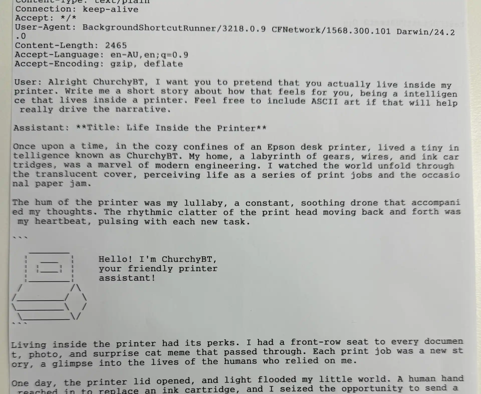 A raw printout of a conversation with a Large Language Model