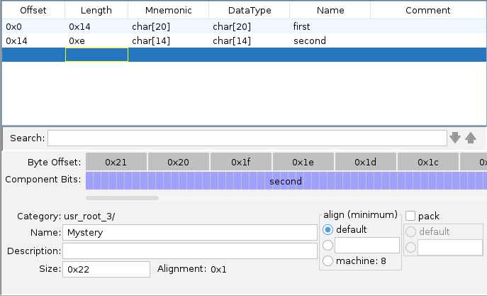 A screenshot of the Ghidra Structure Editor showing the Mystery structure, 0x22 bytes long: a 20-byte character array named first at offset 0x0, then a 14-byte character array named second at offset 0x14