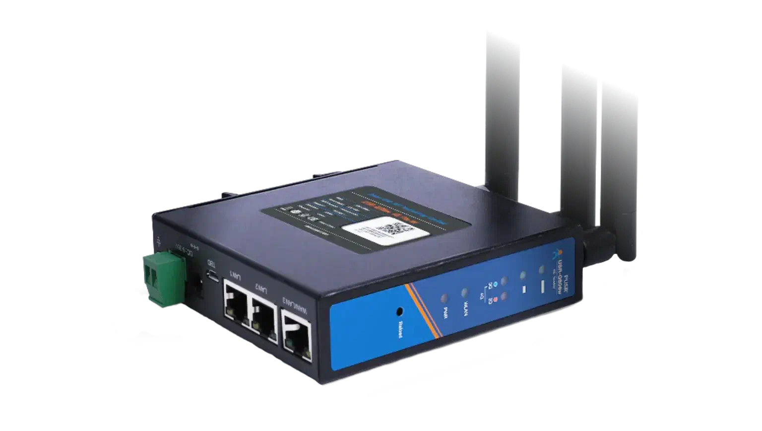 Product photo of the USR-G806AU: a compact black and blue router with three Ethernet ports, a green power terminal and three antennas