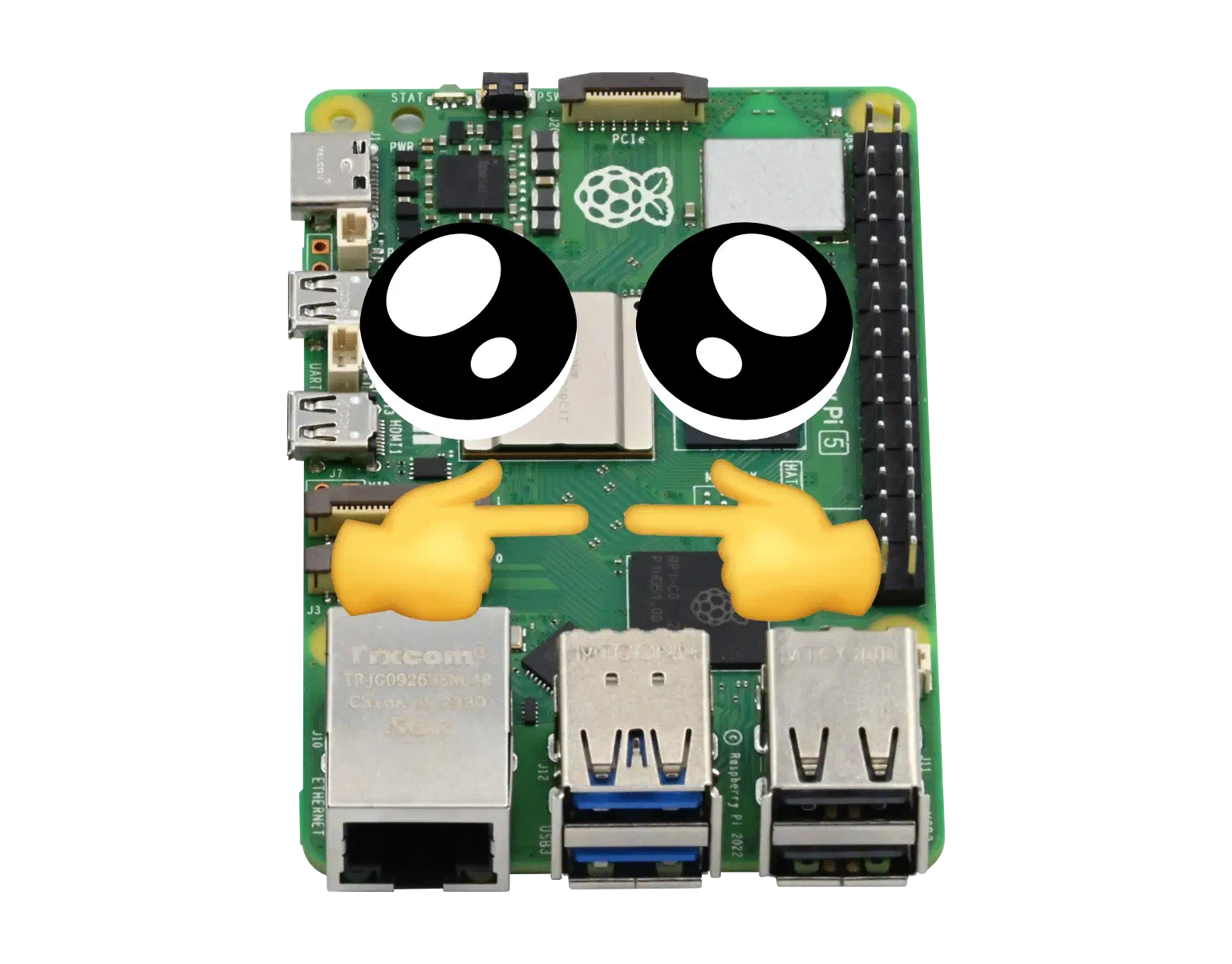 A Raspberry Pi 5 with cartoon pleading eyes and two pointing-finger emoji pressed together