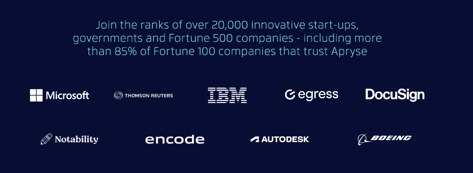 Apryse’s customer logos, under the line “Join the ranks of over 20,000 innovative start-ups, governments and Fortune 500 companies - including more than 85% of Fortune 100 companies that trust Apryse”: Microsoft, Thomson Reuters, IBM, Egress, DocuSign, Notability, Encode, Autodesk and Boeing.