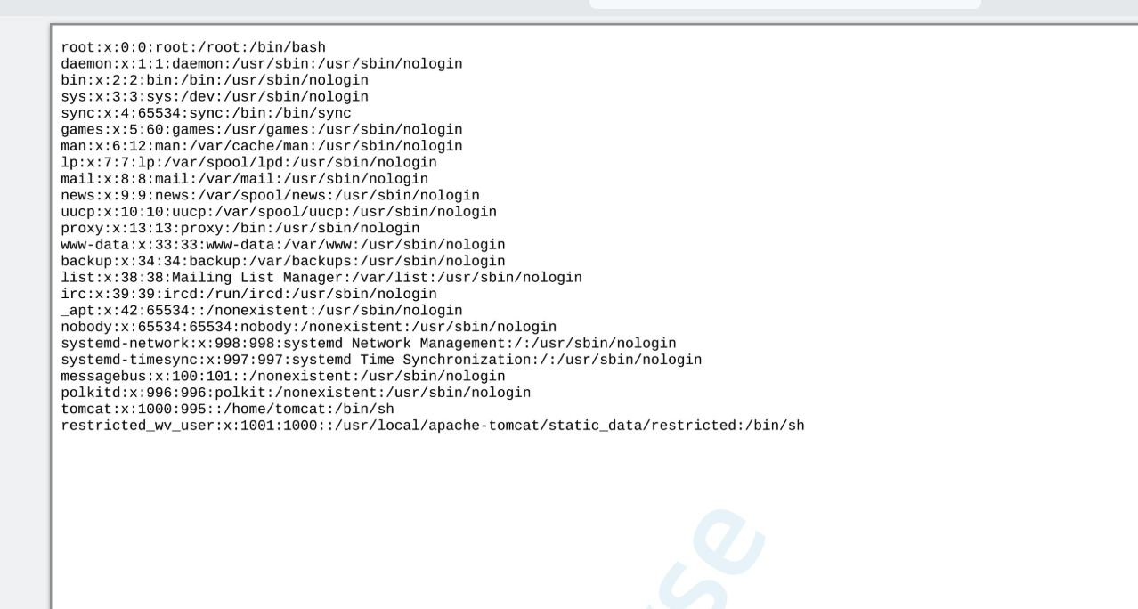 A converted PDF showing the server’s /etc/passwd, from root to the tomcat and restricted_wv_user accounts