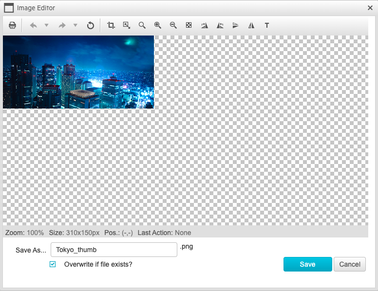 The RadImageEditor control in the browser: an Image Editor dialog with a toolbar for crop, resize, rotate, zoom, flip and text, a canvas showing a loaded image on a transparent background, a status bar reading Zoom 100 percent and Size 310 by 150 pixels, and a Save As field with an Overwrite if file exists option.