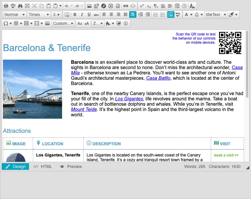 The RadEditor control in the browser: a rich-text editor with a full formatting toolbar, a WYSIWYG content area showing a formatted travel article with a heading, an image, hyperlinks and a table, and Design, HTML and Preview tabs above a live word and character count.