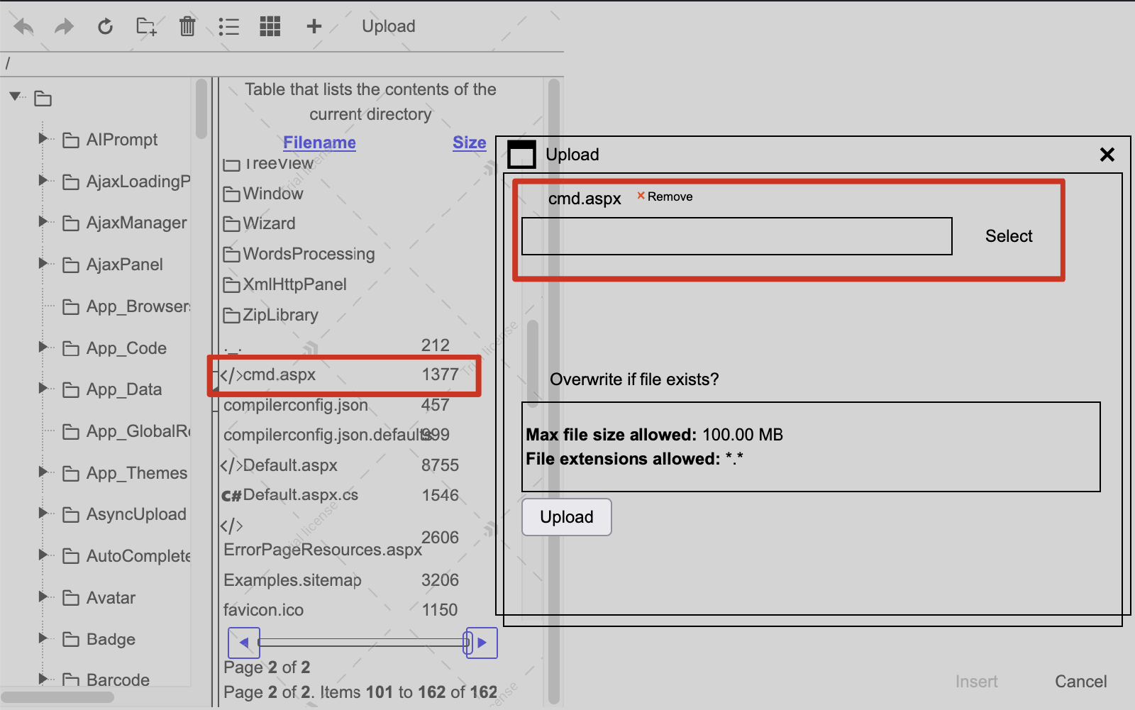 The forged DocumentManager dialog rendered against our lab: a RadFileExplorer file browser scoped to the web application root. The folder tree and file listing show the web root’s real contents (App_Code, App_Data, AsyncUpload and so on), including cmd.aspx, the uploaded webshell. The open Upload dialog has cmd.aspx selected and reports a 100 MB maximum file size and file extensions allowed of star dot star, the forged MaxUploadFileSize and SearchPatterns, so any extension is accepted and the shell lands in the web root.