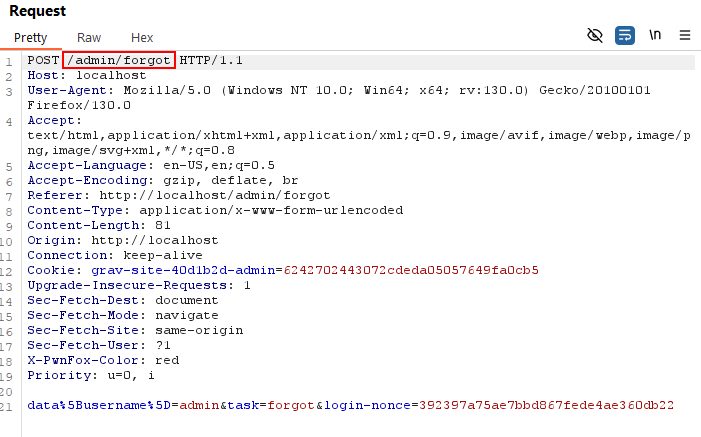 BurpSuite Interception tab showing the password reset HTTP request