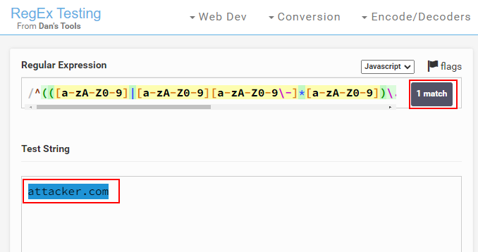 RegEx testing website showing our injection passes the regex