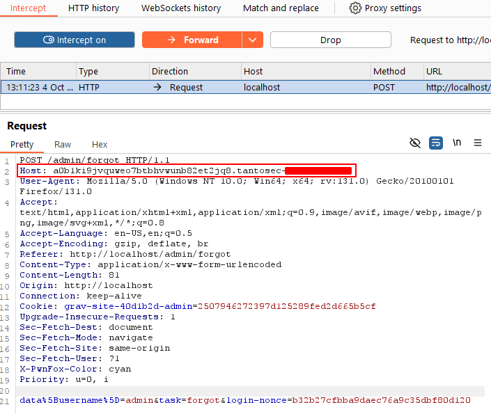 Using BurpSuite interceptor to modify the Host Header